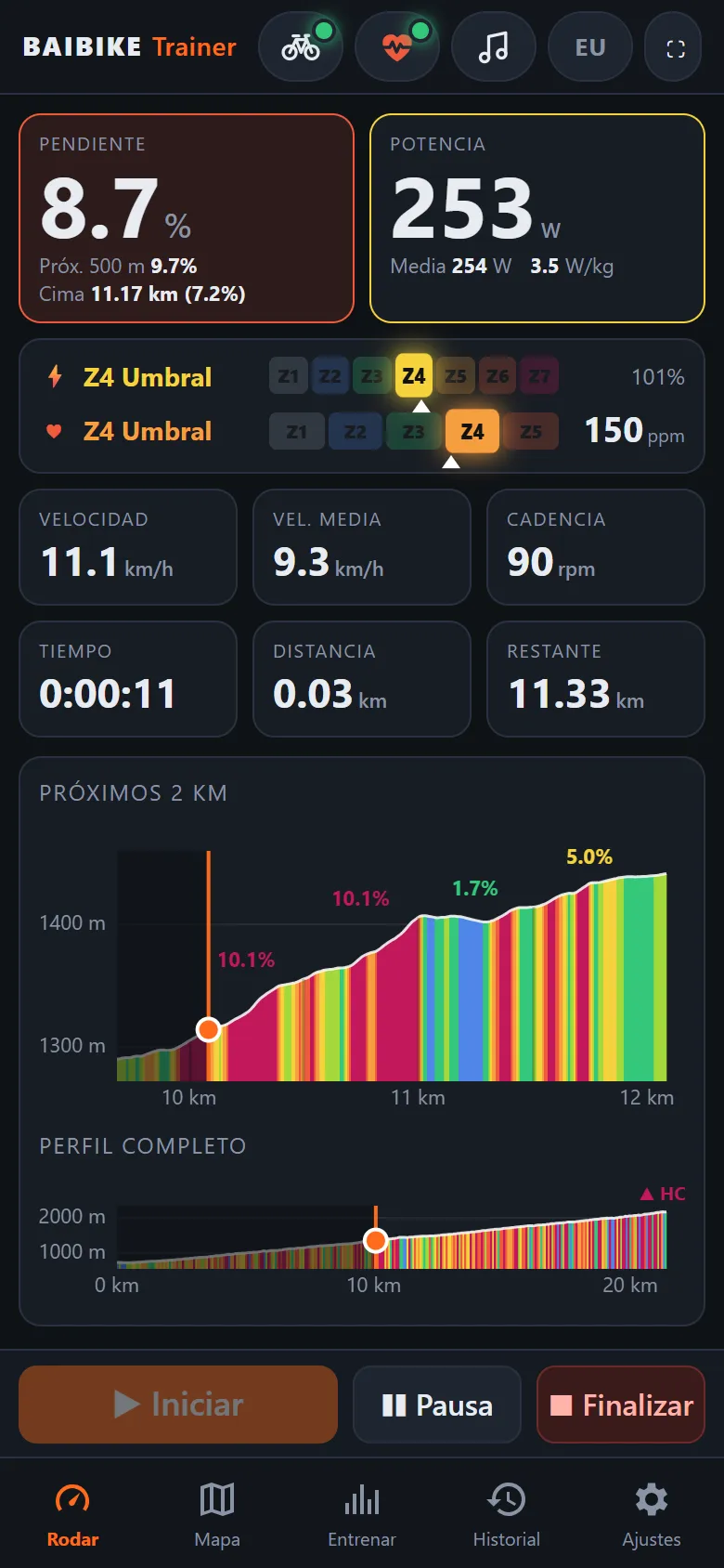 baibiketrainer en el móvil durante una subida