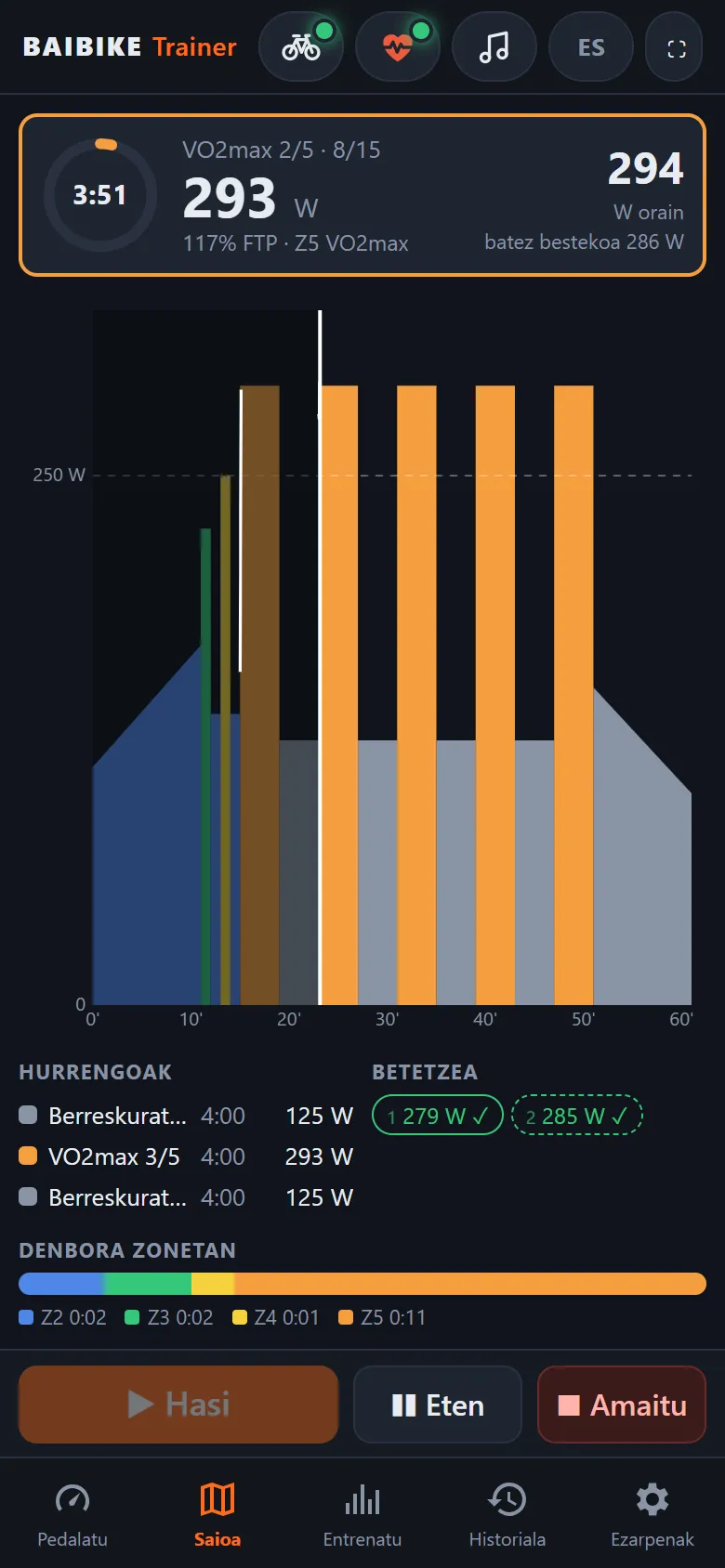 VO2max saioa ERG moduan, potentzia-blokeekin